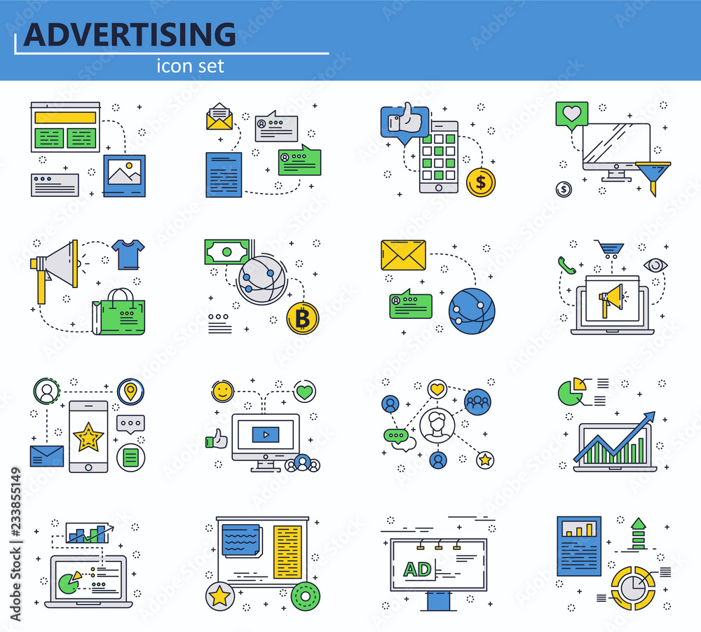 Vector set of business, marketing and advertising icons in thin line ...