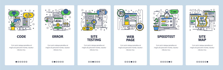 Fototapete - vector web site linear art onboarding screens template. web development, coding and testing, sitemap
