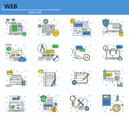 Vector set of web development and office icons in thin line style. Website UI and mobile web app icon. Outline design illustration.