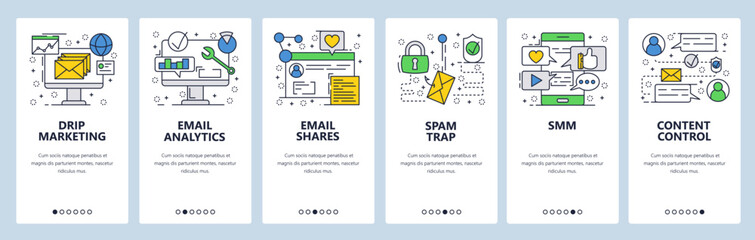 Poster - Vector web site linear art onboarding screens template. Online digital and drip marketing, email analytics and spam. Menu banners for website and mobile app development. Modern design flat