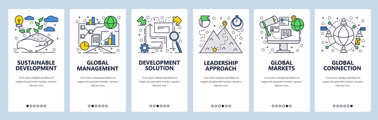 Poster - vector web site linear art onboarding screens template. global management, leadership and networking