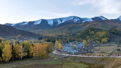 Sticker - time lapse of the baihaba village in autumn, kanas scenic area, China