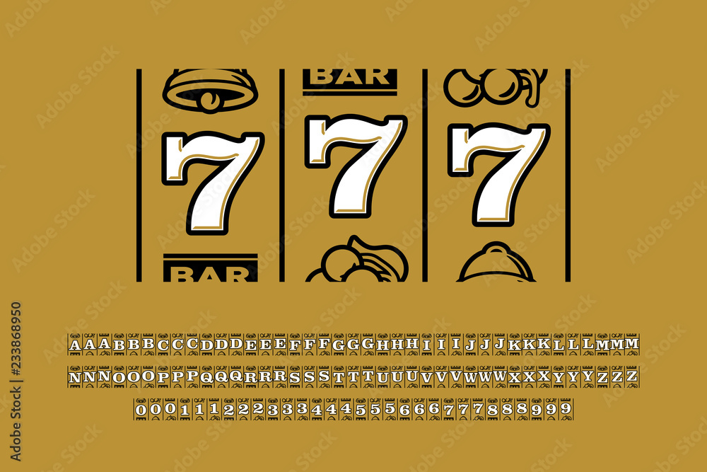 Slot machine style font, triple sevens jackpot alphabet letters and numbers - obrazy, fototapety, plakaty 