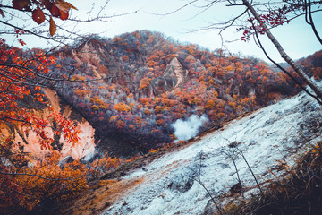 Autumn season at noboribetsu volcano in Hokkaido Japan