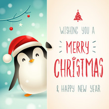 Cute Little Penguin With Big Signboard. Merry Christmas Calligraphy Lettering Design. Creative Typography For Holiday Greeting.
