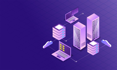 Wall Mural - Data Management concept with 3d data server connected to laptop and cloud servers on purple background.