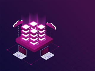 Four servers connected with laptops on purple background isometric design for Data Management concept.