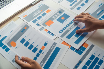 Poster - Website designer Creative planning application developer development draft sketch drawing template layout prototype framework wireframe design studio . User experience concept .