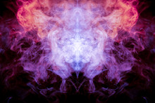 A Background Of Pink, Red And White Wavy Smoke In The Shape Of A Ghost's Head Or A Man Of Mystical Appearance On A Black Isolated Ground. Bright Abstract Pattern Of Steam From Vape.