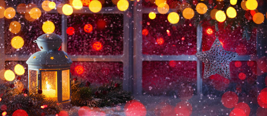 Sticker - Christmas Decorations With Candles On a Snowy Background with Colored Lights Effects