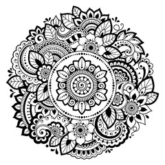 Circular pattern in form of mandala with flower for Henna, Mehndi, tattoo, decoration. Decorative ornament in ethnic oriental style. Coloring book page.