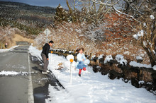 Teenage Boy And Little Girl Playing Snowball Fight. Shizuoka Prefecture, Japan. Winter Of February 2011.
