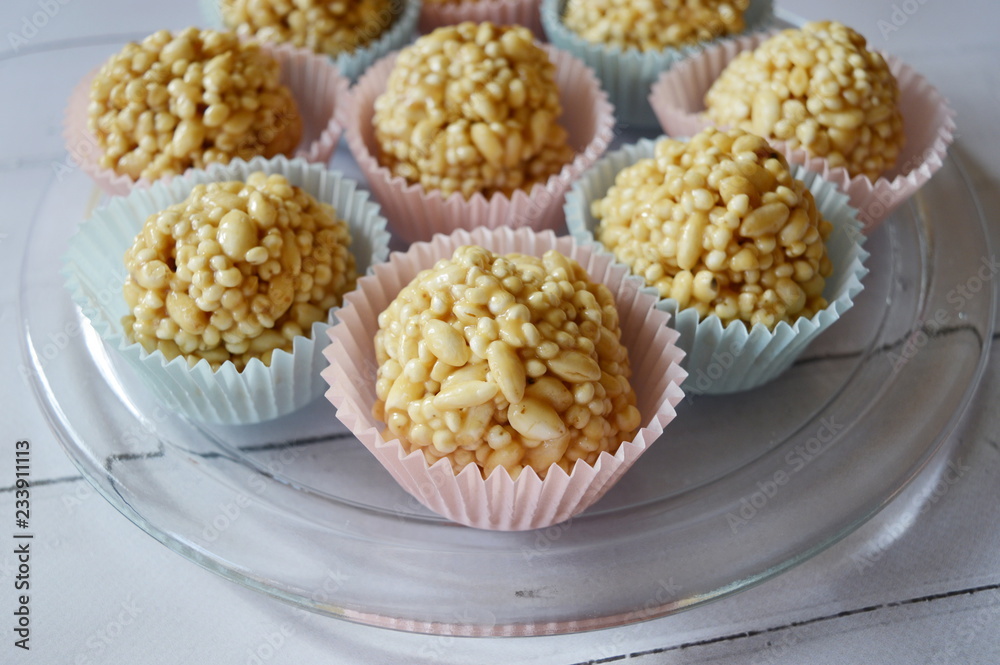 Cone Rice Snack Closeup homemade cones made of puffed cereals, mainly rice and millet ...