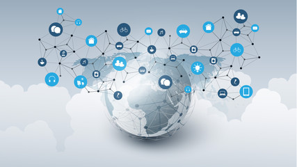 Poster - Internet of Things, Cloud Computing Design Concept with Earth Globe, Clouds and Icons - Global Digital Network Connections, Smart Technology Concept