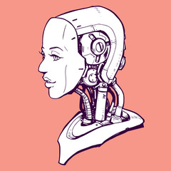 AI. Artificial Intelligence, futuristic female robot hand-drawn sketch style vector