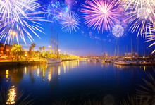 Port Vell And Embankment Of Barcelona With Fireworks, Spain