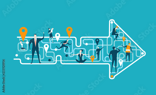 Arrow made of map lines with stop marks and people on that abstract locations, representing different area of life and business career Tableau sur Toile
