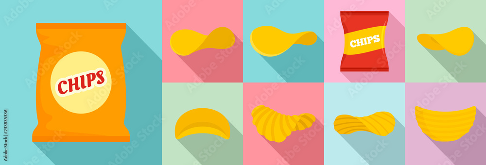 Chips potato icon set. Flat set of chips potato vector icons for web ...