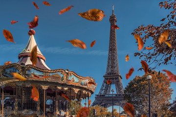 Wall Mural - leaves falling near the eiffel tower in paris