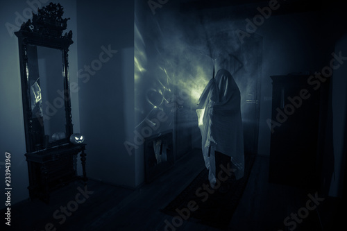 Horror Silhouette Of Ghost Inside Dark Room With Mirror