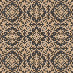 Wall Mural - Vector damask seamless retro pattern background spiral curve cross leaf flower frame kaleidoscope