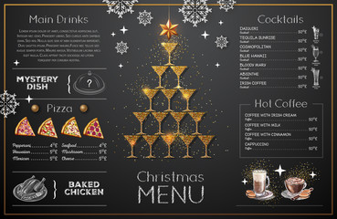 Wall Mural - Christmas menu design with golden champagne glasses. Restaurant menu. Pyramid of champagne glasses