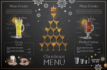 Wall Mural - Christmas menu design with golden champagne glasses. Restaurant menu. Pyramid of champagne glasses