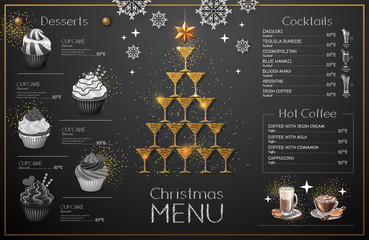 Wall Mural - Christmas menu design with golden champagne glasses. Restaurant menu. Pyramid of champagne glasses