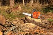 © martinfredy - The chain saw lies on wood. Wood preparation for heating. Ecological heating. Working with the saw. Gasoline Saw.