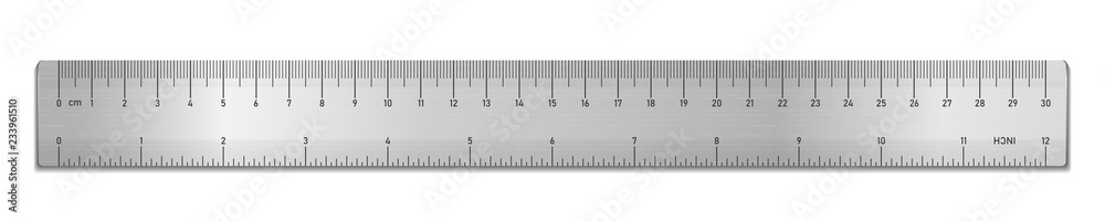 Realistic metal tape ruler isolated on white. Double sided measurement in cm and inches. Vector illustration - obrazy, fototapety, plakaty 