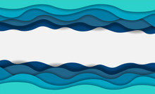 Blue Water Waves Layered Art Paper Card. 3D Origami Design. Vector Illustration