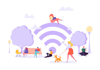 Poster - wi-fi in the park with people using smartphone and laptop. social networking concept with characters
