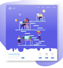 Poster - coworking team work landing page. open workspace concept with flat people characters working togethe