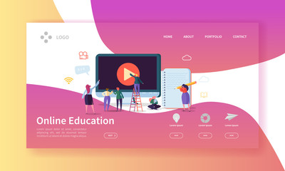 Fototapete - Online Education Landing Page. E-learning Concept with Flat People Characters on Online Courses Website Template. Easy Edit and Customize. Vector illustration
