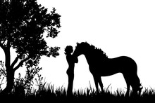 Vector Silhouette Of Woman With Horse On The Meadow.