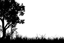 Vector Silhouette Of Grass With Tree In The Fall.