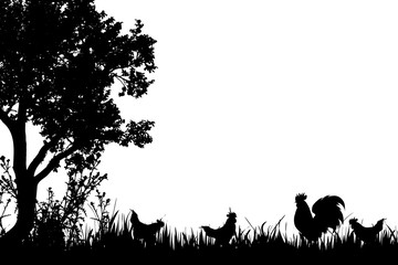 Wall Mural - Vector silhouette of rooster and hen on the farm.