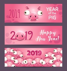 Canvas Print - 2019 year of the pig. Funny pink horizontal New Year banners.