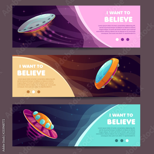 Photographie Set of horizontal long banners with cartoon alien spaceships.