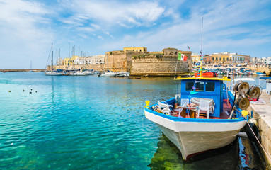 Wall Mural - view of gallipoli old town and harbour, puglia region, south italy