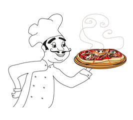 Chef with pizza - doodle Illustration