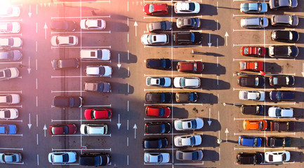 Wall Mural - Aerial. Car parks.  Parking lot with a crowd of cars.