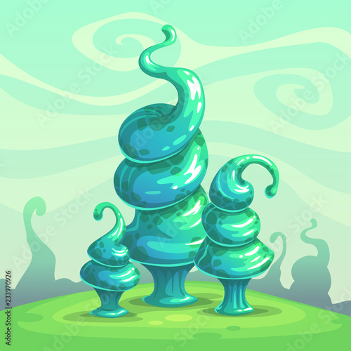 Foto Fantasy glossy blue mushrooms. Alien nature landscape.