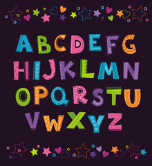 Canvas Print - Cute funny childish alphabet on the dark background.