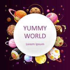 Wall Mural - Yummy world background. Vector food planets frame.