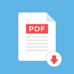 Aufkleber - Download PDF icon. Document with PDF label and down arrow sign. Downloading file concept. Modern flat design. Vector icon