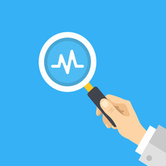 Poster - hand holding magnifying glass with diagnostics symbol. analysis, research, medical exam, monitoring 