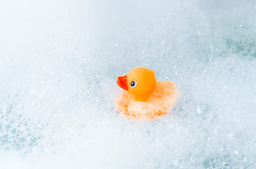 Orange playful rubber duck on the edge of the bath, blue bubble background. Children's washing concept. Children`s pool area concept. Room for text.