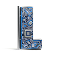 Poster - Letter L.  Alphabet in circuit board style. Digital hi-tech letter isolated on white.