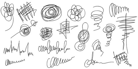 big set of hand drawn scribble shapes. collection of abstract objects in duddles style. continuous l